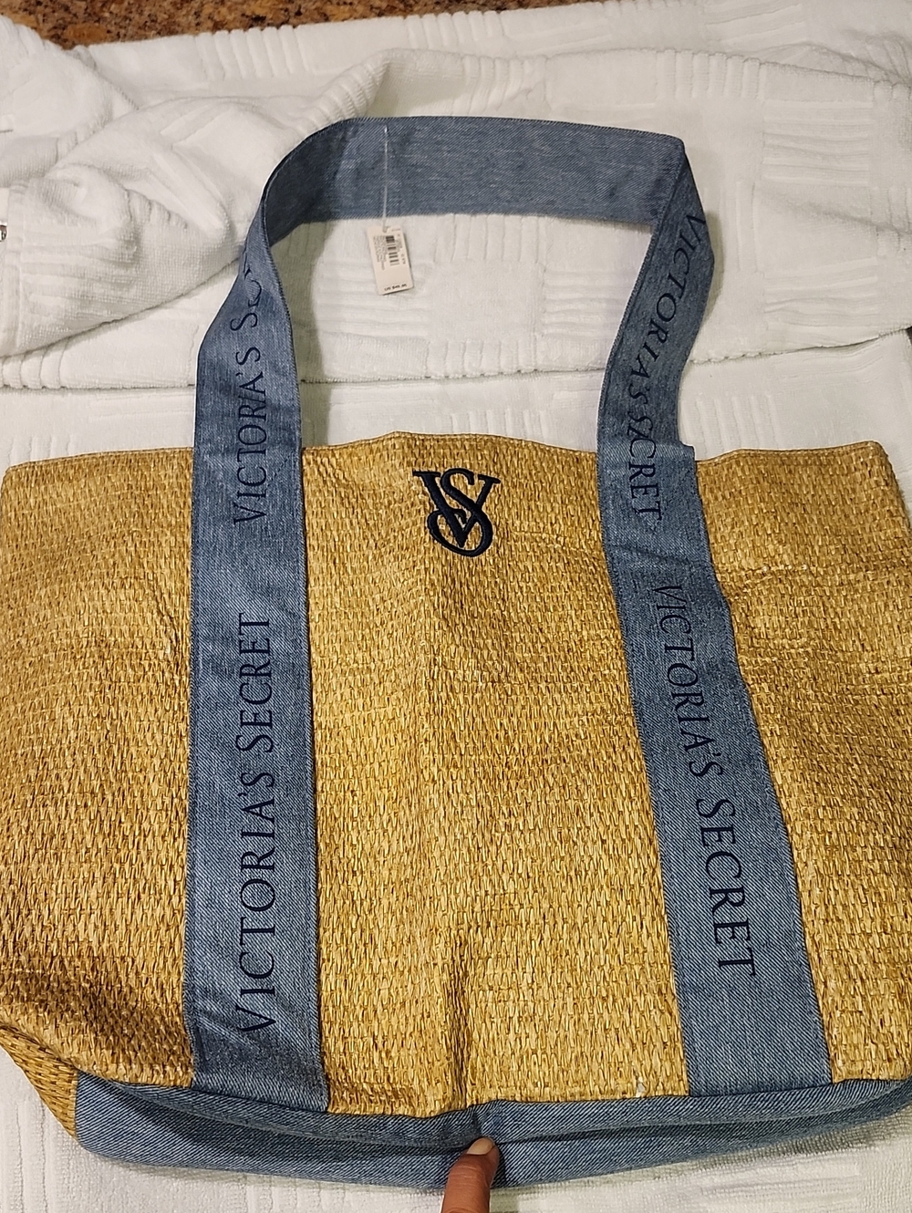 Victoria's Secret Gold Straw Tote with Denim Blue Straps